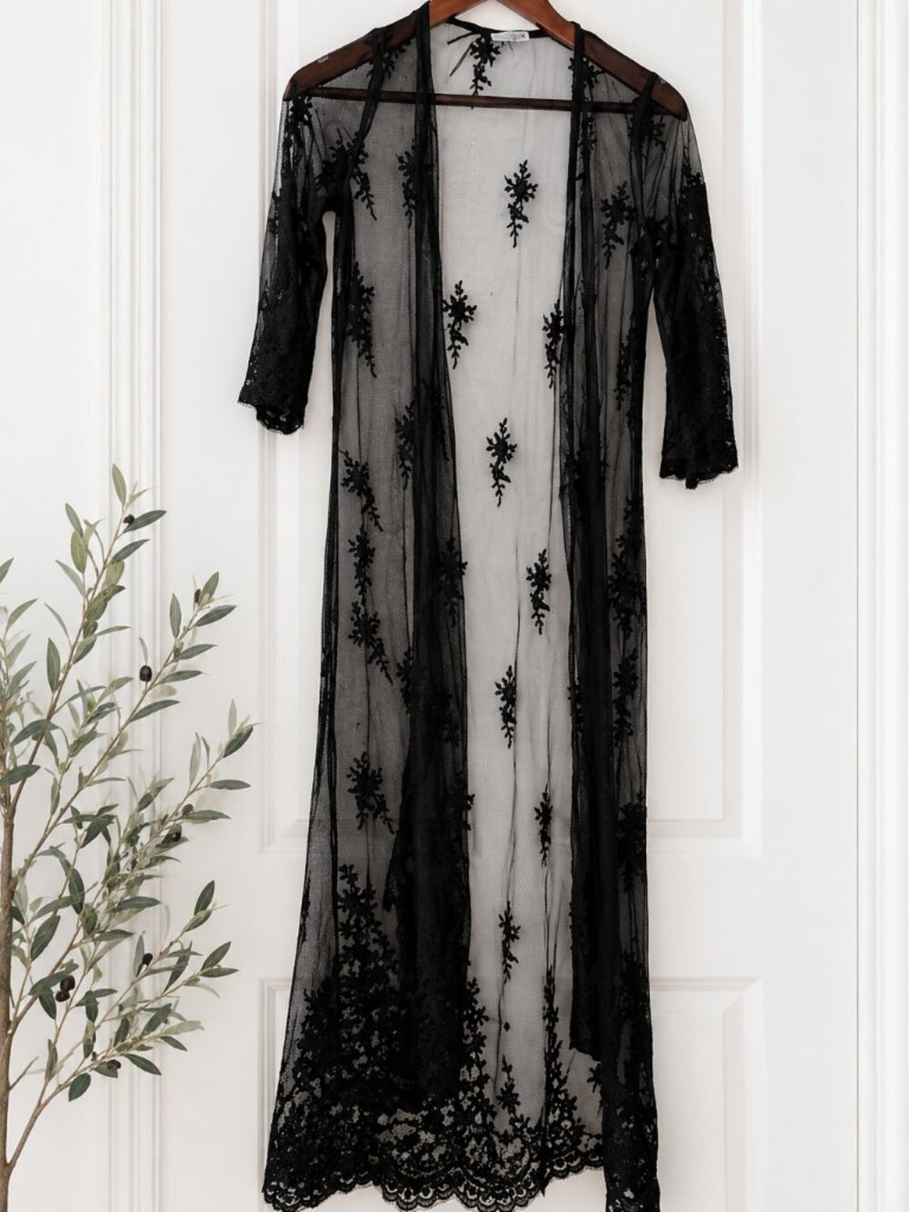 Black Sheer Lace Maxi Kimono Duster Gothic Boho Festival Witchy Floral